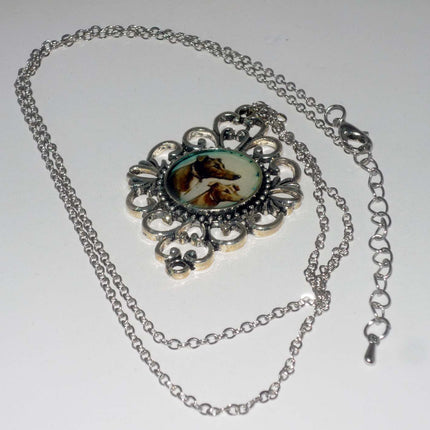 Altered Art Two Greyhounds in Profile Pend Necklace Silver Plated Filigree Setting