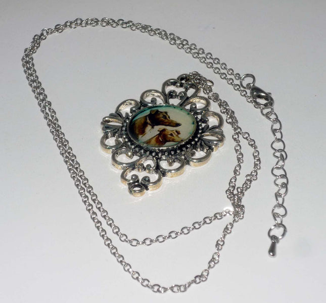 Altered Art Two Greyhounds in Profile Pend Necklace Silver Plated Filigree Setting