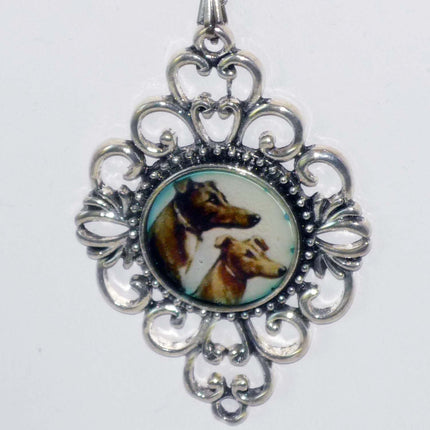 Altered Art Two Greyhounds in Profile Pend Necklace Silver Plated Filigree Setting