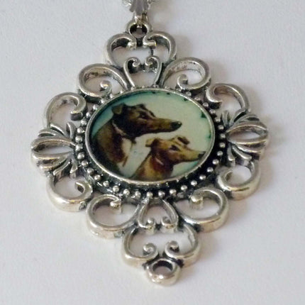 Altered Art Two Greyhounds in Profile Pend Necklace Silver Plated Filigree Setting