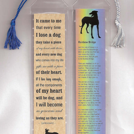 Set of 2 Bookmarks in Plastic Sleeves with Tassles Greyhound Dog Rainbow Bridge