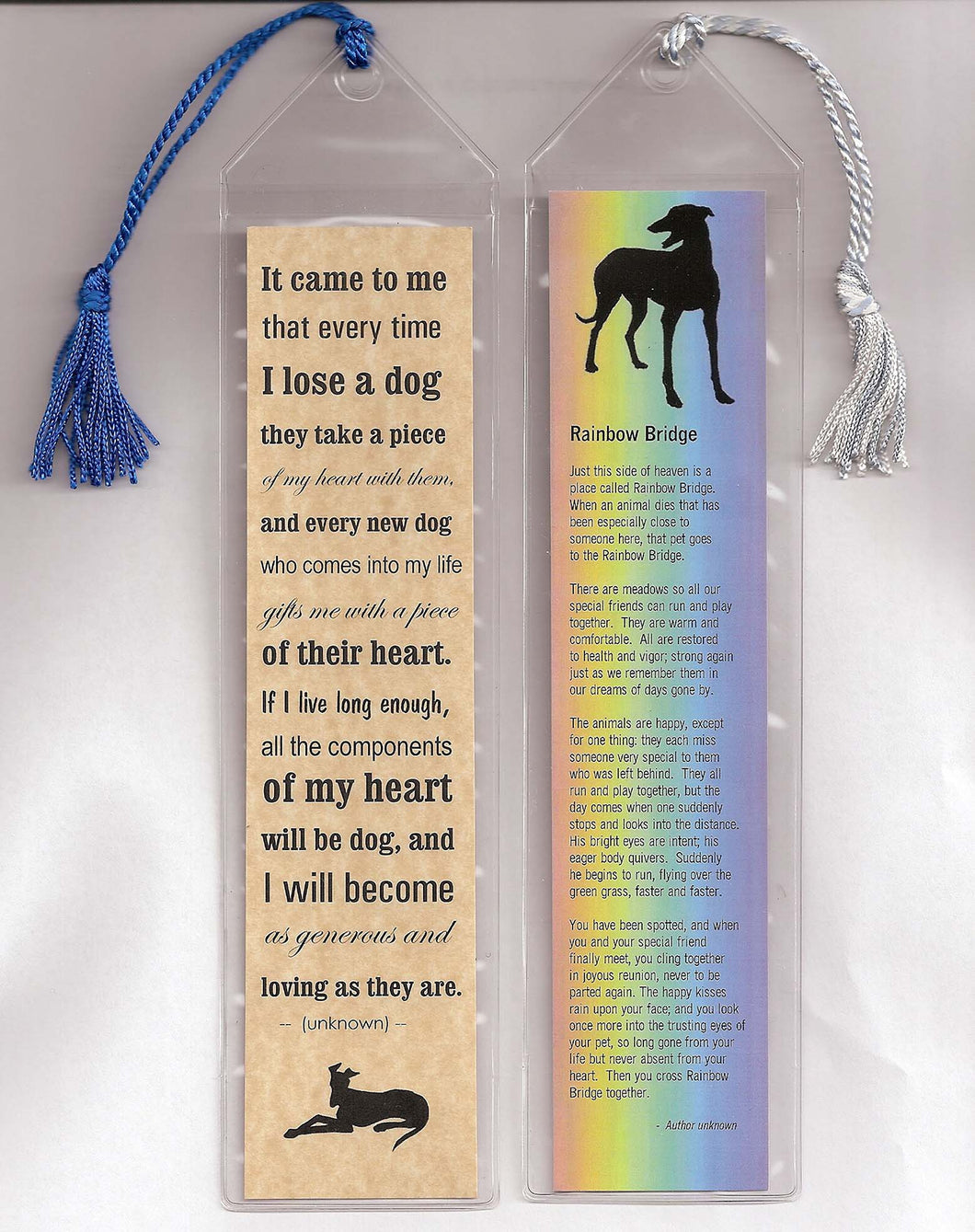 Set of 2 Bookmarks in Plastic Sleeves with Tassles Greyhound Dog Rainbow Bridge