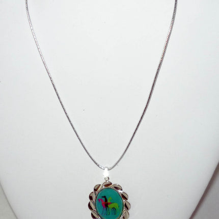 Altered Art Deco Trio of Greyhound Dogs Pend Necklace SP Oval Setting, Teal