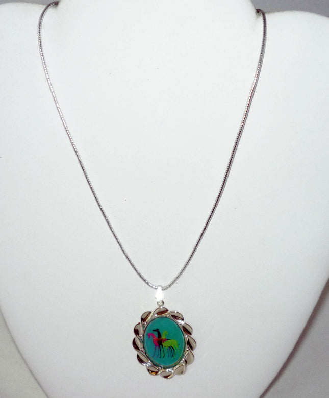 Altered Art Deco Trio of Greyhound Dogs Pend Necklace SP Oval Setting, Teal