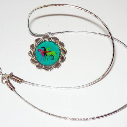 Altered Art Deco Trio of Greyhound Dogs Pend Necklace SP Oval Setting, Teal