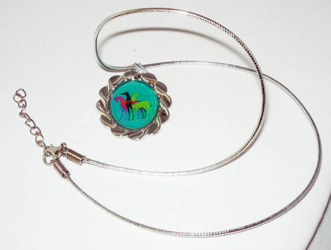 Altered Art Deco Trio of Greyhound Dogs Pend Necklace SP Oval Setting, Teal