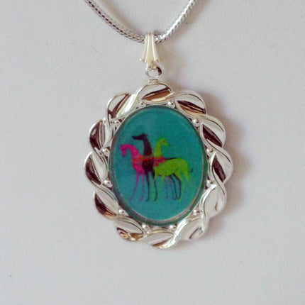 Altered Art Deco Trio of Greyhound Dogs Pend Necklace SP Oval Setting, Teal