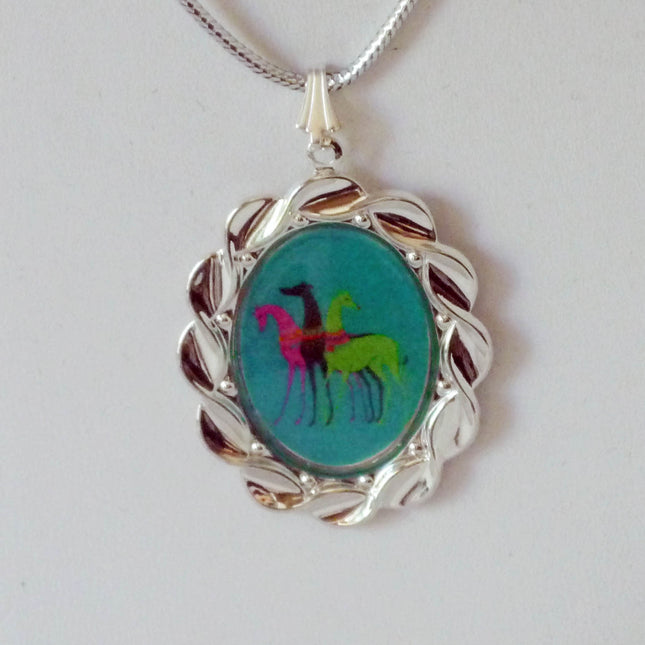 Altered Art Deco Trio of Greyhound Dogs Pend Necklace SP Oval Setting, Teal