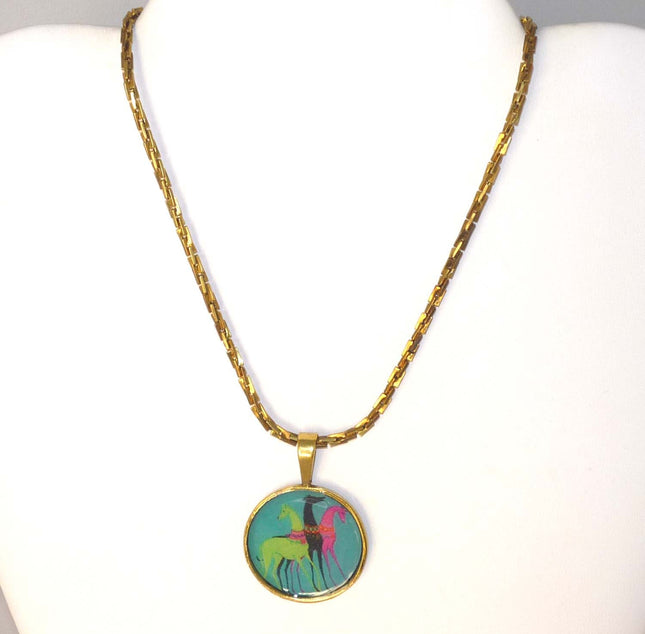 Altered Art Deco Trio of Greyhound Dogs Pend Necklace GP Round Setting, Teal