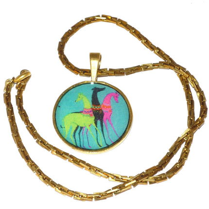 Altered Art Deco Trio of Greyhound Dogs Pend Necklace GP Round Setting, Teal