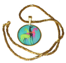 Load image into Gallery viewer, Altered Art Deco Trio of Greyhound Dogs Pend Necklace GP Round Setting, Teal
