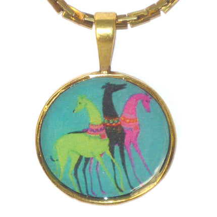 Altered Art Deco Trio of Greyhound Dogs Pend Necklace GP Round Setting, Teal