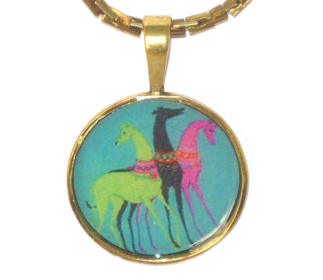 Altered Art Deco Trio of Greyhound Dogs Pend Necklace GP Round Setting, Teal