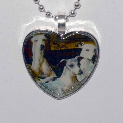 Altered Art Greyhound Dogs Trio Heart Silver Plated Pendant Necklace