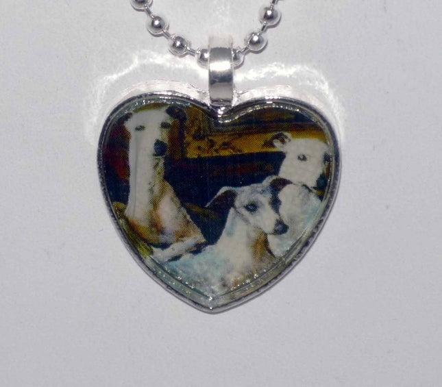 Altered Art Greyhound Dogs Trio Heart Silver Plated Pendant Necklace