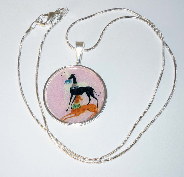 Altered Art Deco Trio of Greyhound Dogs Pend Necklace SP Round Setting, Pink
