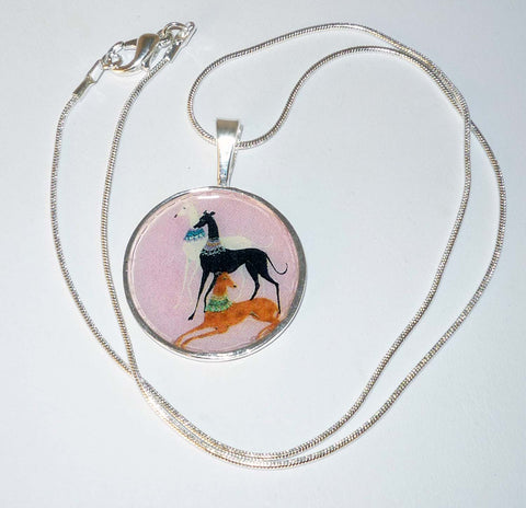 Altered Art Deco Trio of Greyhound Dogs Pend Necklace SP Round Setting, Pink