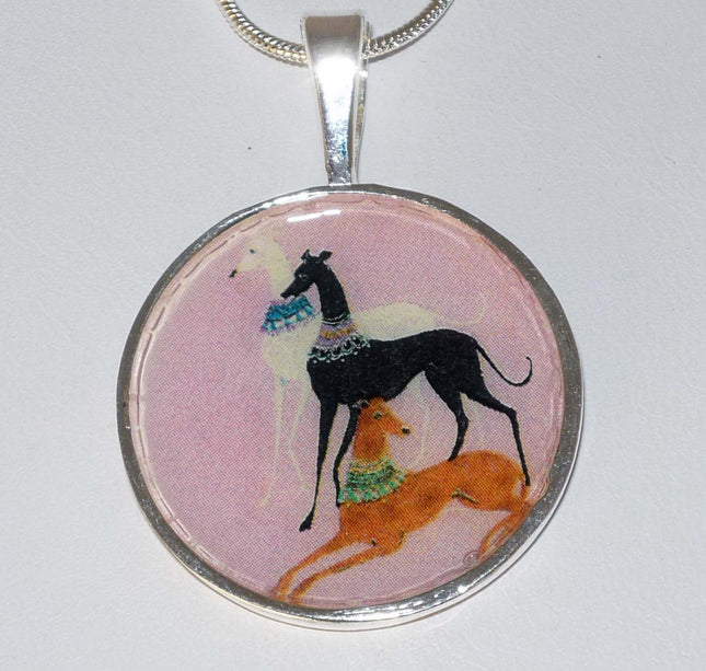 Altered Art Deco Trio of Greyhound Dogs Pend Necklace SP Round Setting, Pink