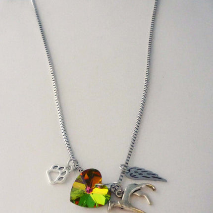 Greyhound Dog Memory Necklace, Silver Charm, AB Crystal Heart Pendant