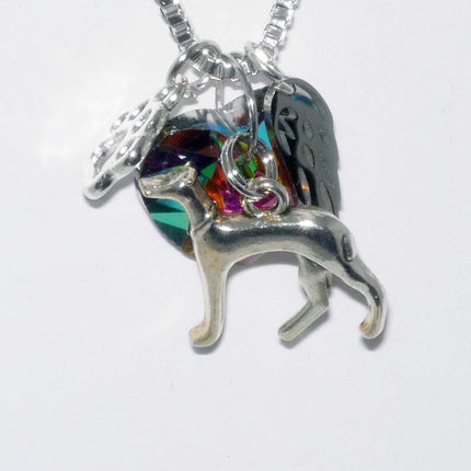 Greyhound Dog Memory Necklace, Silver Charm, AB Crystal Heart Pendant