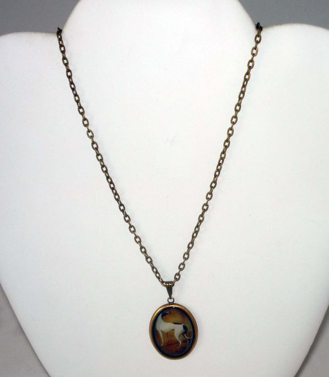 Altered Vintage Art B+W Greyhound or Whippet Dog Oval Brass Pendant Necklace