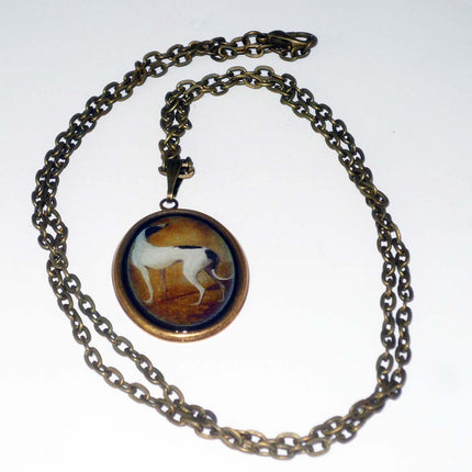 Altered Vintage Art B+W Greyhound or Whippet Dog Oval Brass Pendant Necklace
