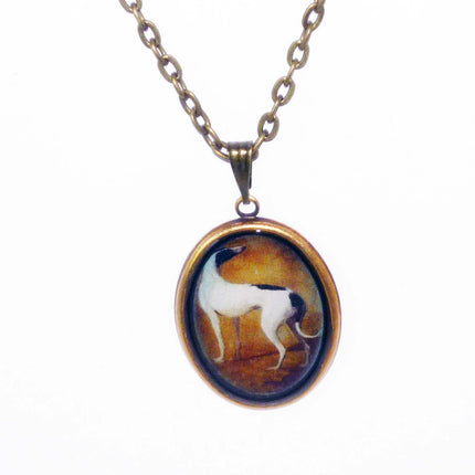 Altered Vintage Art B+W Greyhound or Whippet Dog Oval Brass Pendant Necklace