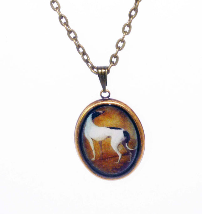 Altered Vintage Art B+W Greyhound or Whippet Dog Oval Brass Pendant Necklace