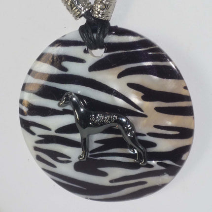 Black Stylized Greyhound or Whippet on Black and White Shell Pendant, Matching Earrings
