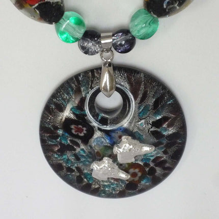 Millefiori-Style Artglass Pendant Bead Necklace + Earrings w SP Greyhound Dog Profiles Whippet