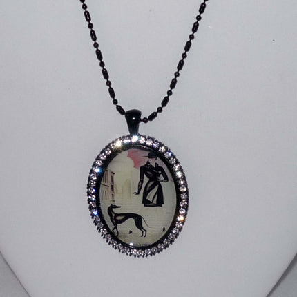 Alt Vintage Art Black Greyhound Dog + Lady "After the Rain"  Pendant Necklace