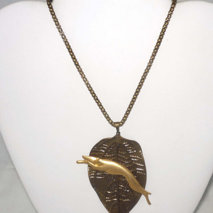 Bronze Leaf Pendant wVintage GP Leaping Greyhound / Whippet Dog, Bronze Necklace
