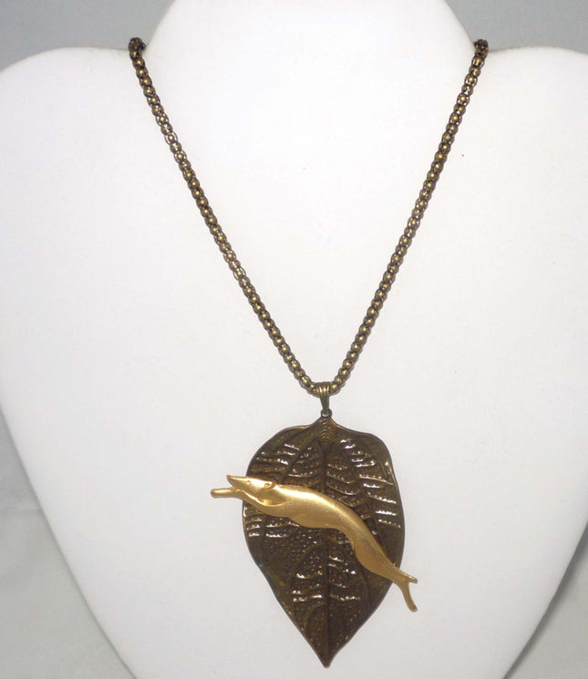 Bronze Leaf Pendant wVintage GP Leaping Greyhound / Whippet Dog, Bronze Necklace