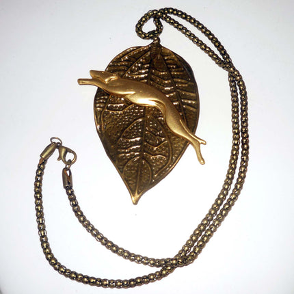 Bronze Leaf Pendant wVintage GP Leaping Greyhound / Whippet Dog, Bronze Necklace