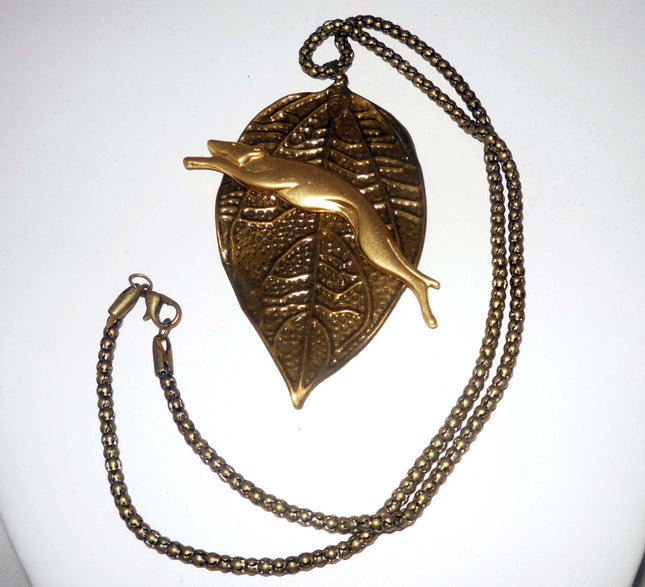 Bronze Leaf Pendant wVintage GP Leaping Greyhound / Whippet Dog, Bronze Necklace