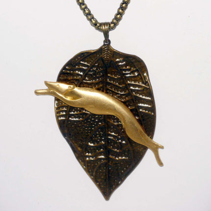 Bronze Leaf Pendant wVintage GP Leaping Greyhound / Whippet Dog, Bronze Necklace