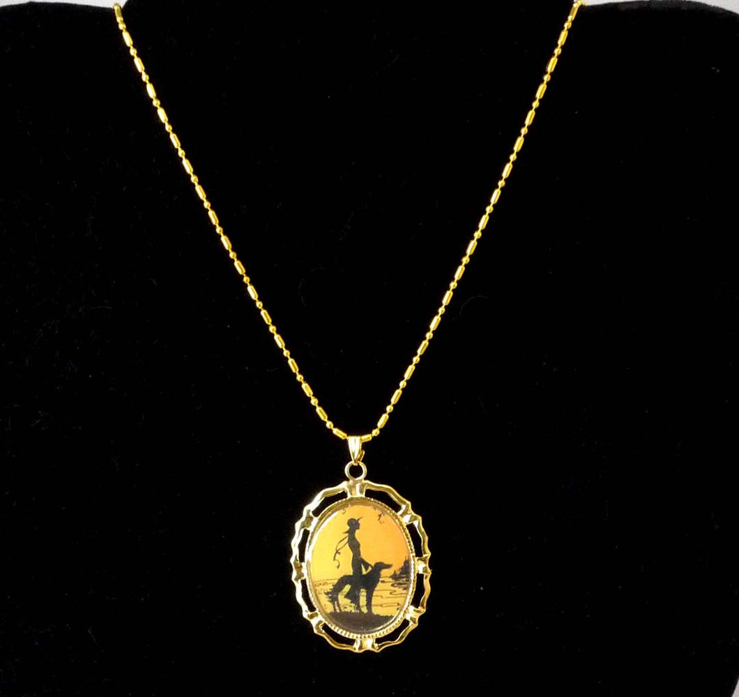 Altered Art Deco Lady w Hat and Sighthound Dog Pendant Necklace GP