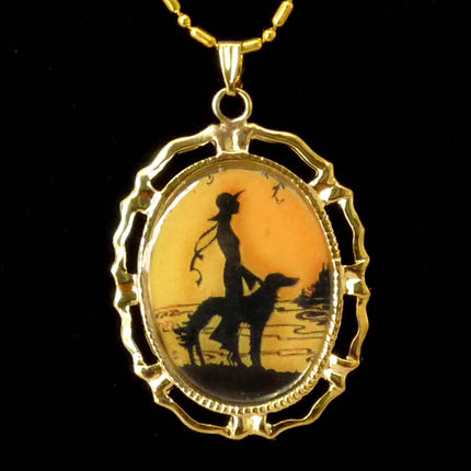 Altered Art Deco Lady w Hat and Sighthound Dog Pendant Necklace GP