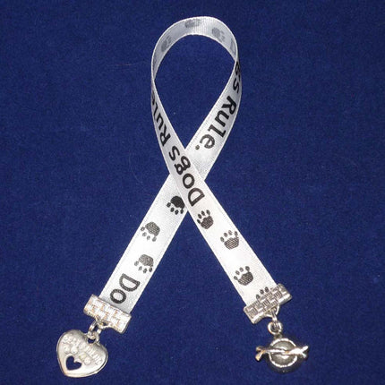 DOGS RULE Ribbon Bookmark w/ Dish, Bone + Heart Charms