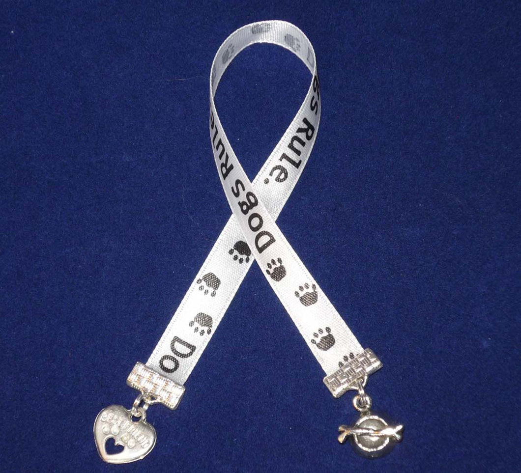 DOGS RULE Ribbon Bookmark w/ Dish, Bone + Heart Charms