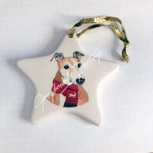 Load image into Gallery viewer, Greyhound Dog in Reindeer Scarf Porcelain Ornament Whippets IGs
