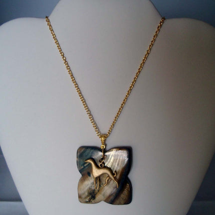 GP Greyhound Silhouette on Brown Shell Pendant, Gold Plated Necklace