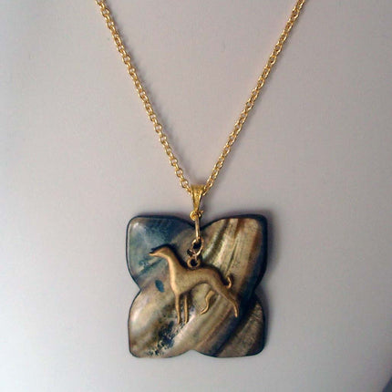 GP Greyhound Silhouette on Brown Shell Pendant, Gold Plated Necklace