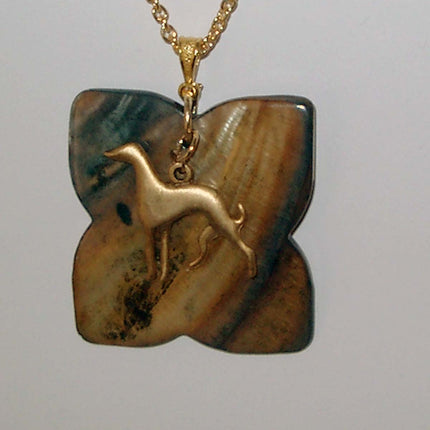 GP Greyhound Silhouette on Brown Shell Pendant, Gold Plated Necklace