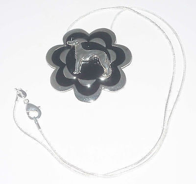 Silv+Black Flower Pendant w SP Standing Greyhound or Whippet Dog, SP Necklace