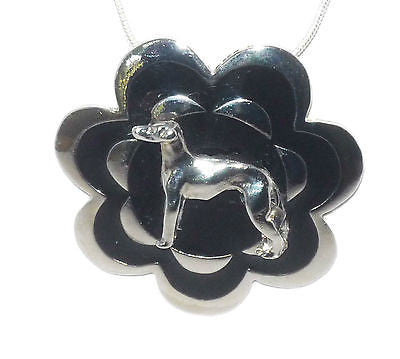 Silv+Black Flower Pendant w SP Standing Greyhound or Whippet Dog, SP Necklace