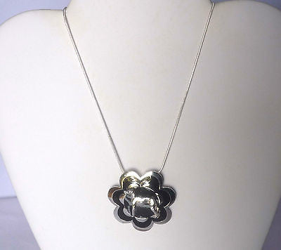 Silv+Black Flower Pendant w SP Standing Greyhound or Whippet Dog, SP Necklace