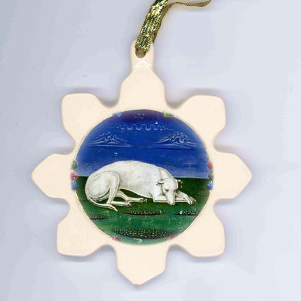 White Reclining Greyhound or Whippet Dog Snowflake Porcelain Ornament