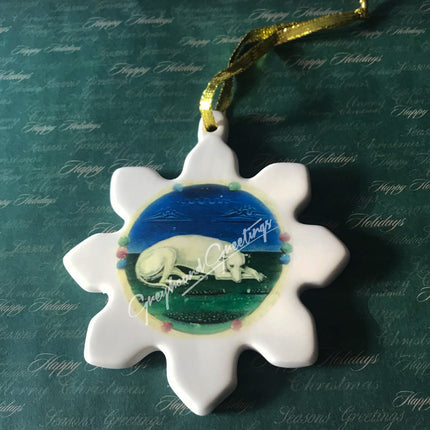 White Reclining Greyhound or Whippet Dog Snowflake Porcelain Ornament