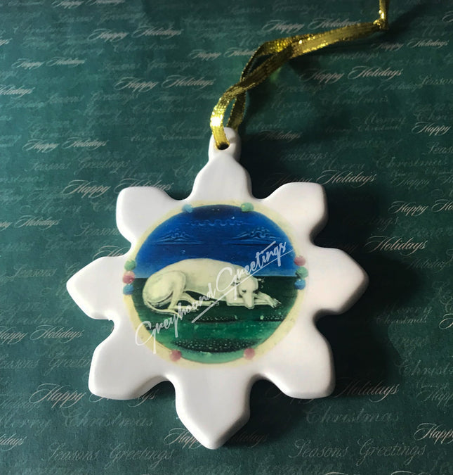 White Reclining Greyhound or Whippet Dog Snowflake Porcelain Ornament